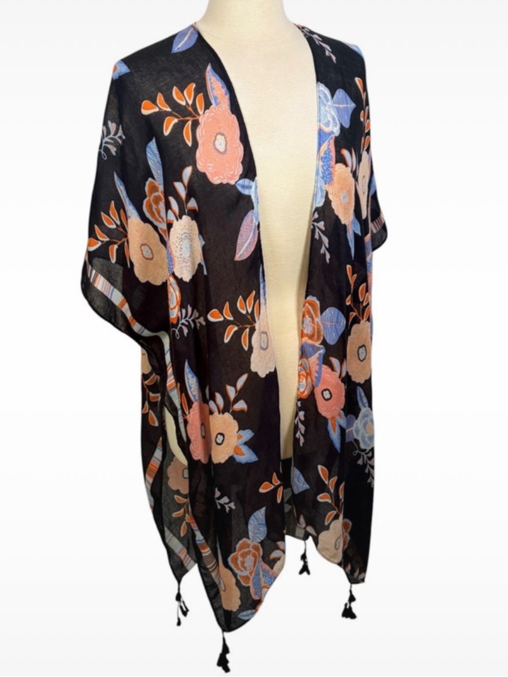 WOVEN HEART Pastel Pink & Blue Floral Black Kimono with Tassels, O/S - Picture 4 of 9